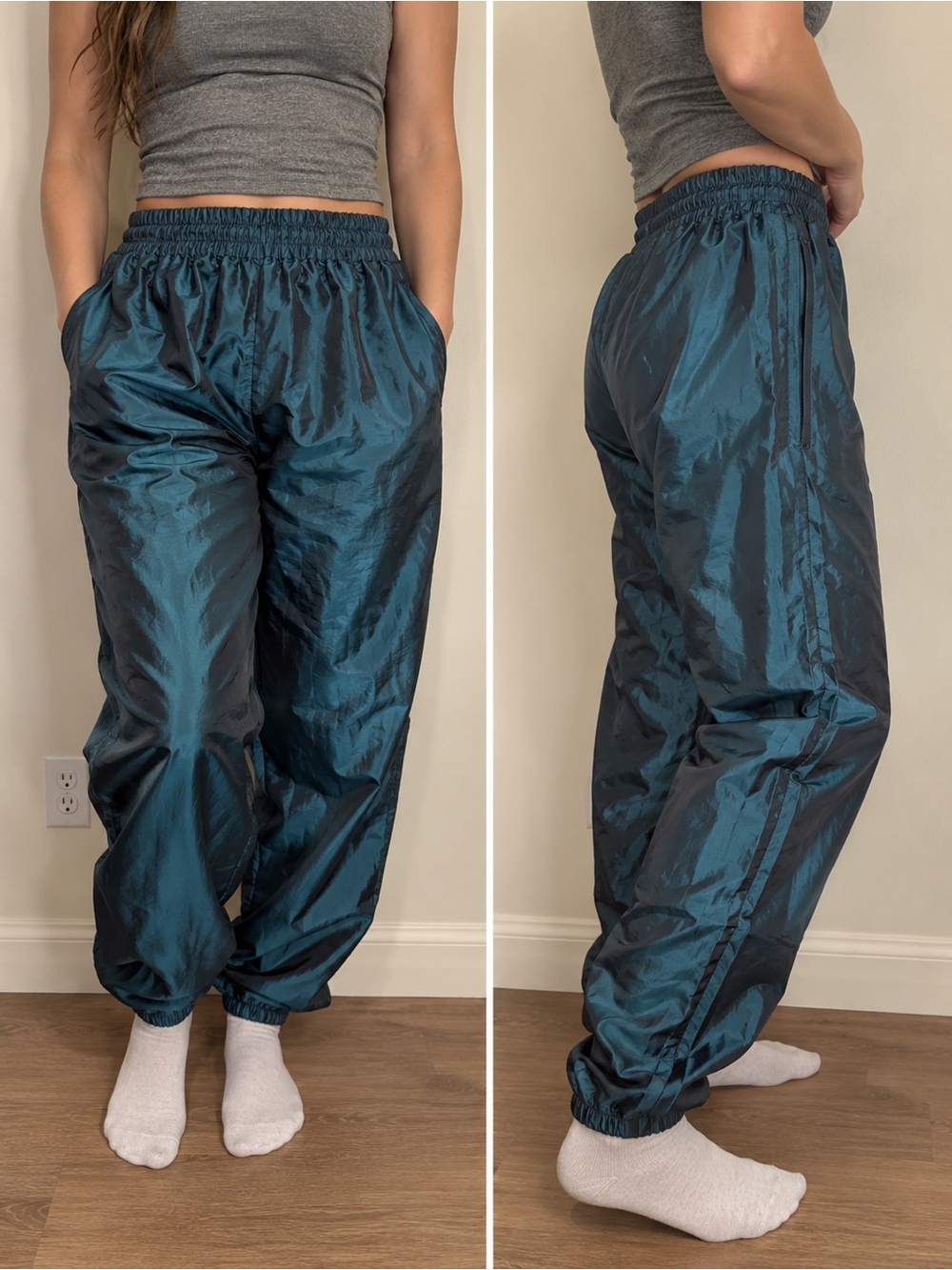 Vintage 90s Teal Shiny Nylon Track Pants XL Zip Ankle Windbreaker Baggy